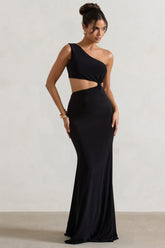Black Asymmetric Twisted Cut-Out Fishtail Maxi Dress